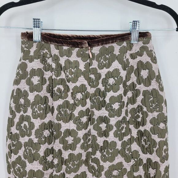 Etcetera Wool Silk Skirt Sz 0 Retro 60s Green Quilted Flower Kick Pleat Straight - Picture 7 of 8